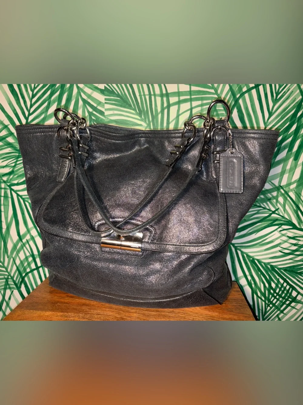 Coach Kristin Pinnacle Metallic Black Shimmer Leather Tote F19385